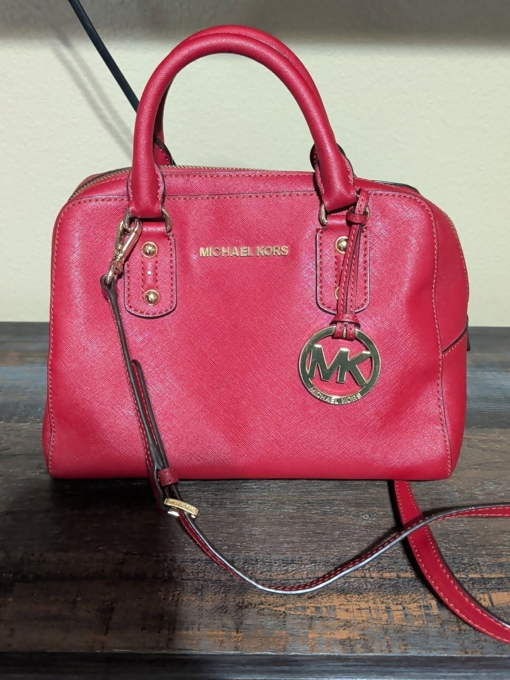 Michael Kors Red Saffiano Dome Satchel with Gold Hardware